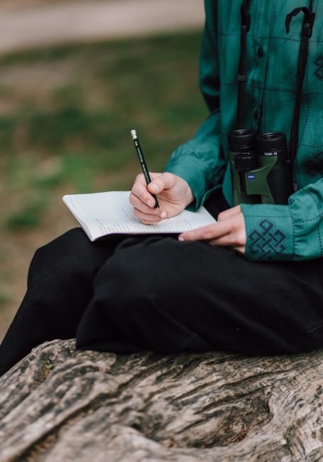 Person in grüner Bluse schreibt mit einem Stift in ein Notizbuch auf einem Baumstumpf.